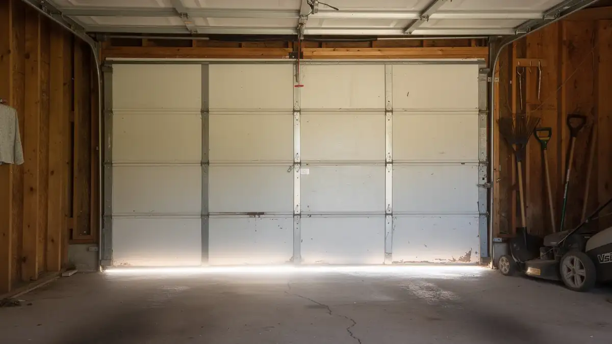 A white garage door is closed inside a garage with wooden walls.