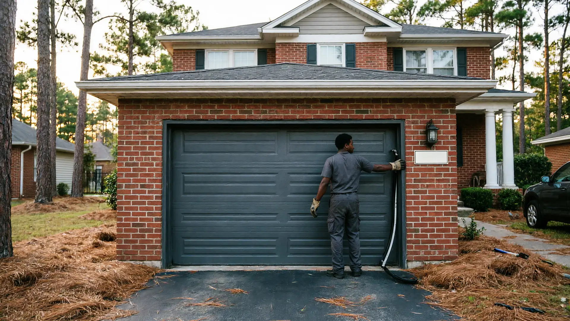 A technician installs a new gray garage door on a brick house.