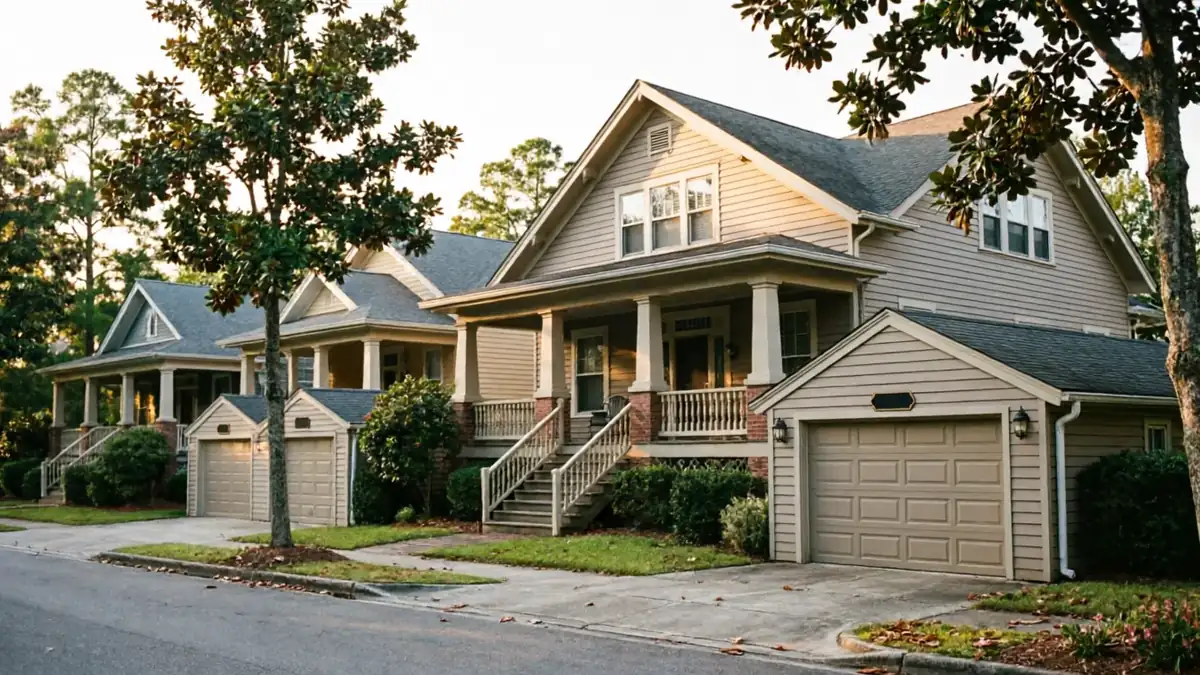 Three houses with beige garage doors are visible from the street.