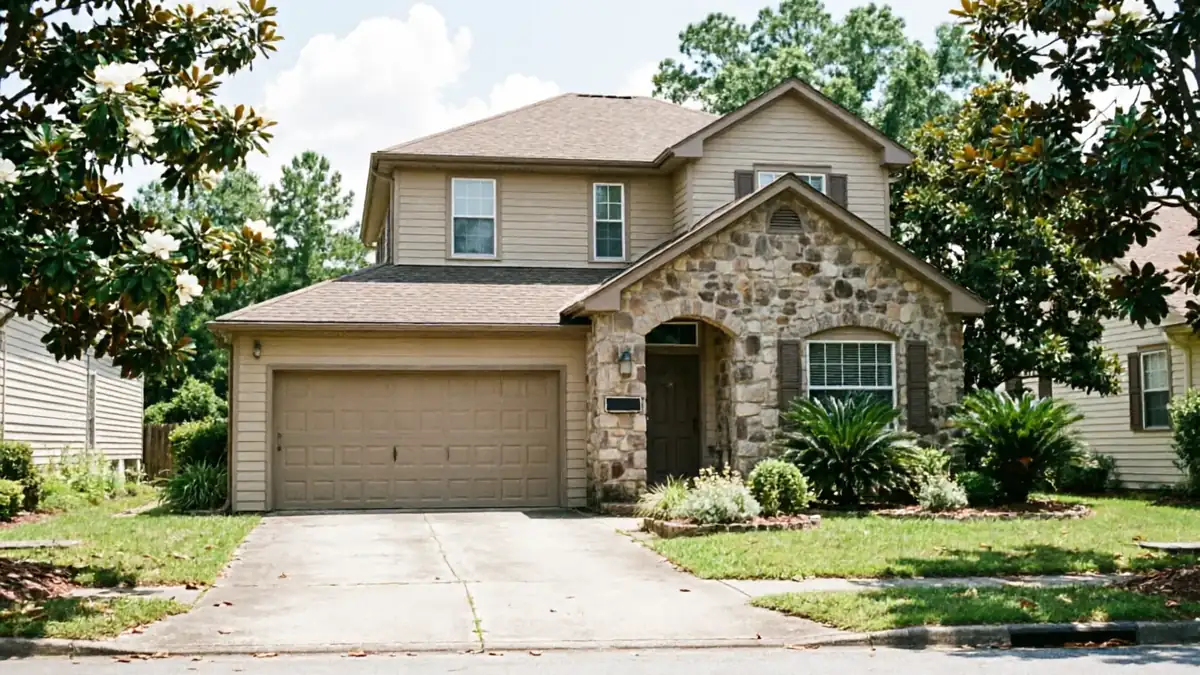 A beige house with a brown garage door and stone facade.
