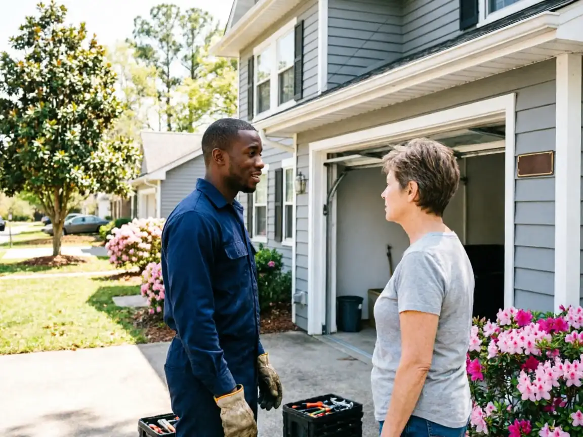 A technician in a blue uniform talks to a woman in front of a garage.