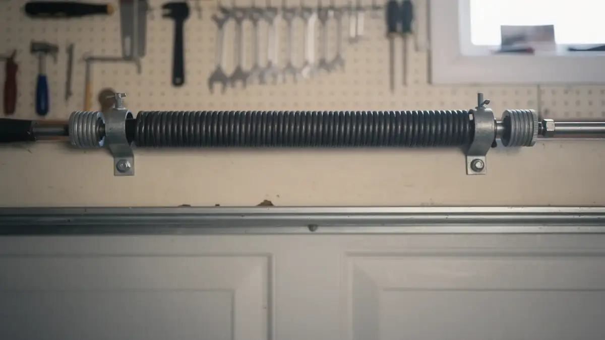 A garage door torsion spring is mounted above a white garage door.
