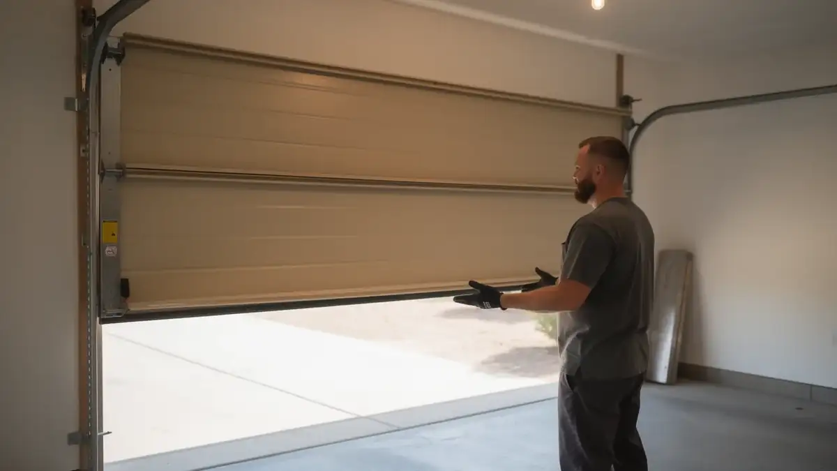 A technician in a gray shirt and black gloves stands next to an open beige garage door.